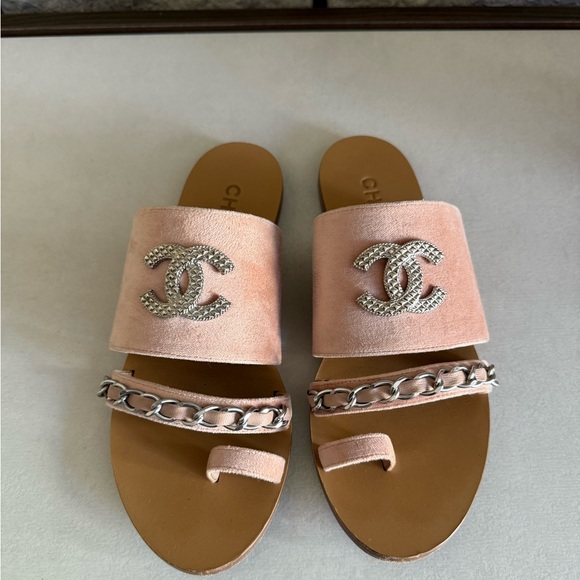 CHANEL Shoes - CHANEL Pink Velvet Slide Sandals with Chain and CC Logo